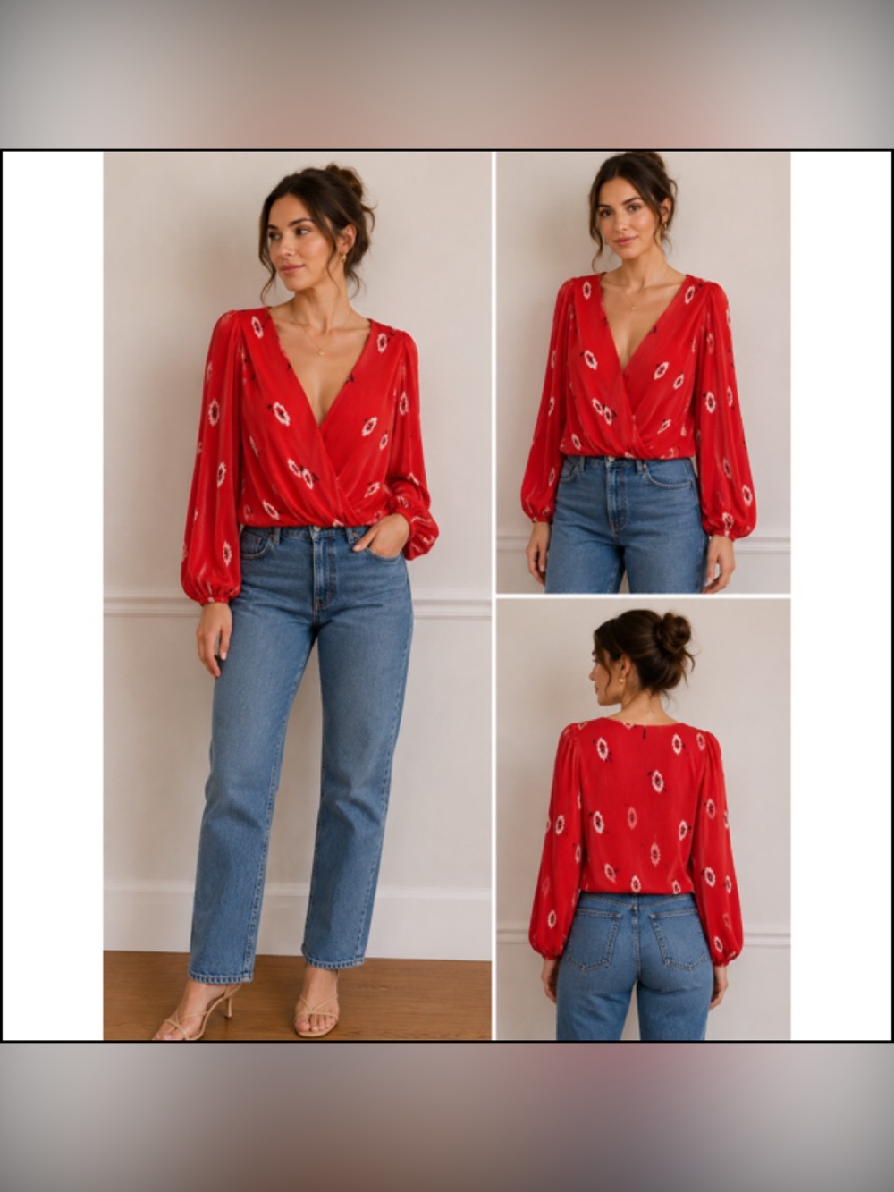 ASTR Red Floral Print Pleated Surplice Top‎